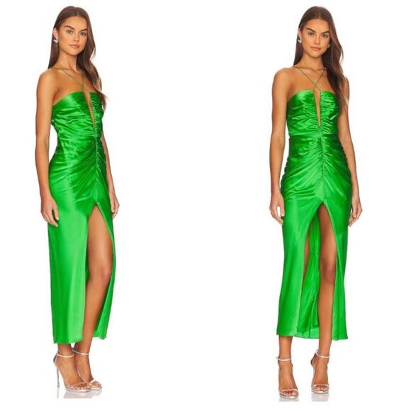 The Sei Keyhole Silk Gathered Formal Midi Dress in Palm Green 4 Glam NWT Flaw - Picture 1 of 8